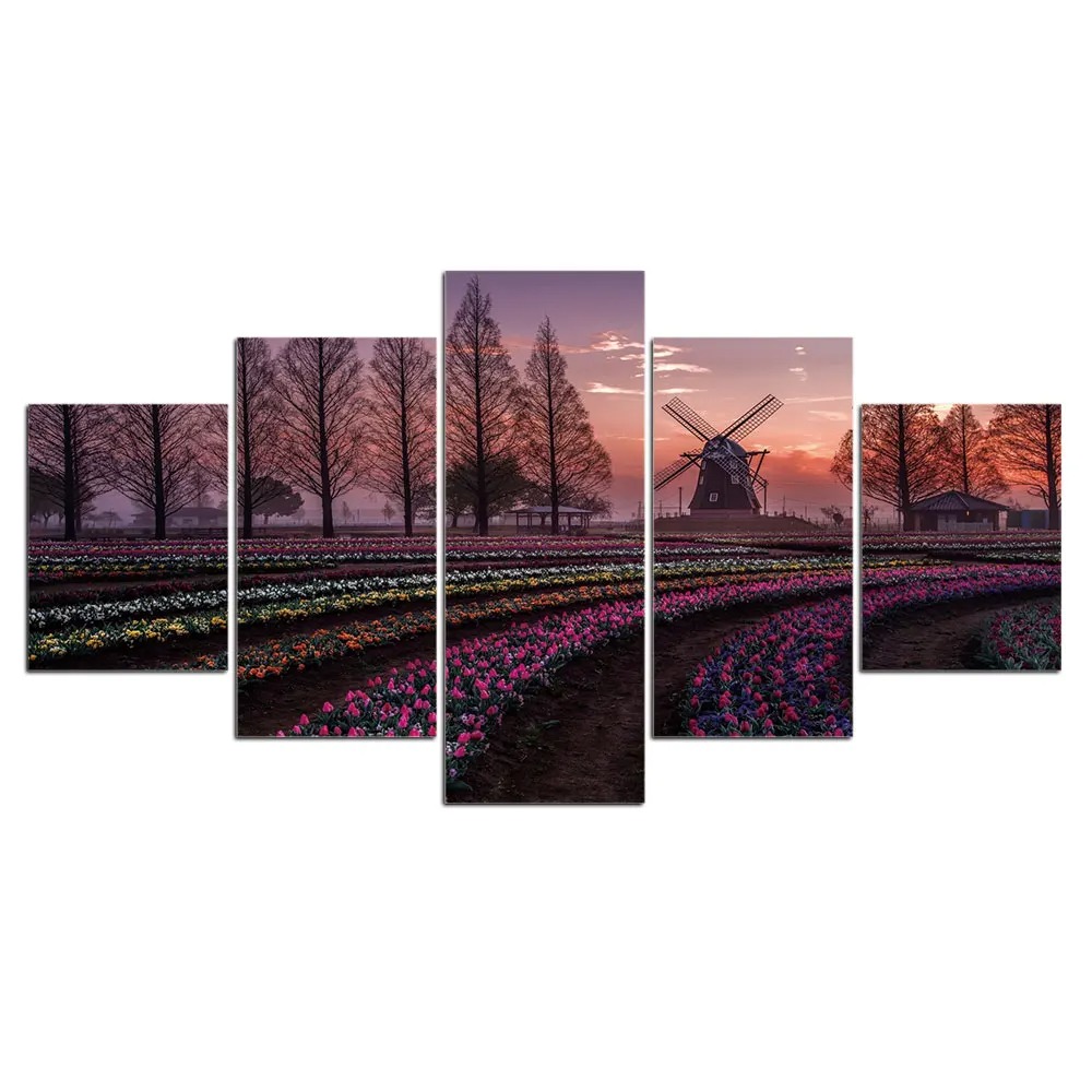 Tableau 5 Pièces Champ de Fleurs