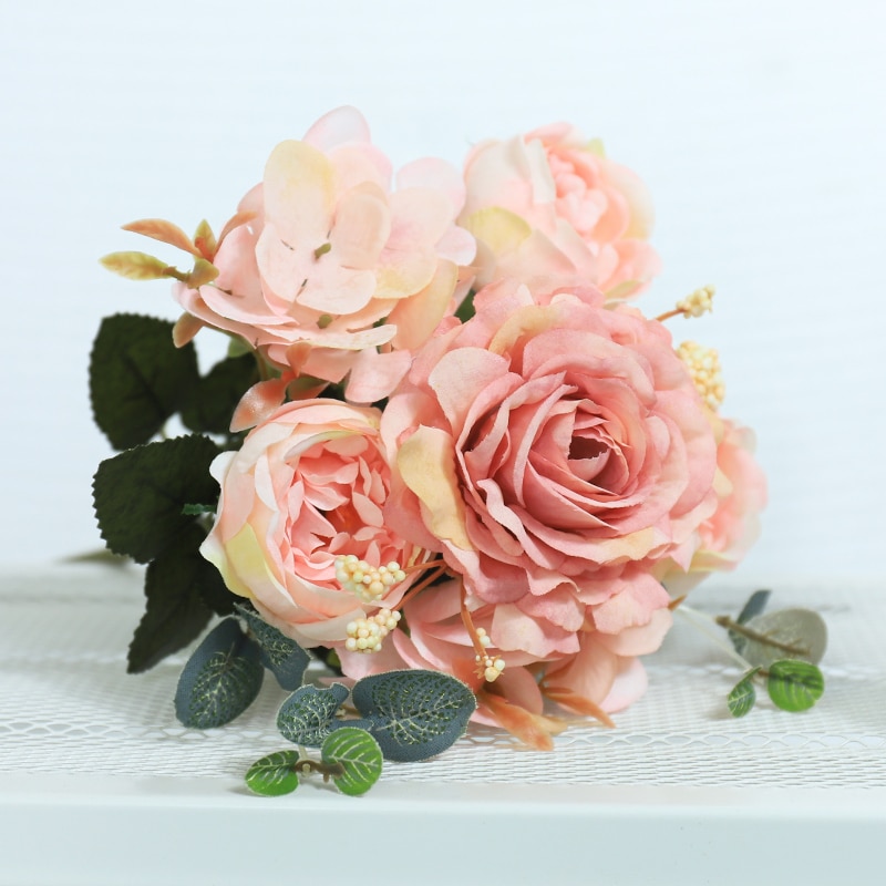 Fleurs artificielles roses pivoine en soie 50cm, Gros Bouquet, Arrangement de fausses fleurs blanches, bricolage - 18-1-1 pc - Maison
