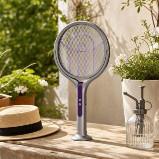 Une raquette anti-moustique rotative avec lumière UV rechargeable grise et violette posée sur une table en bois, dans un décor de jardin lumineux.