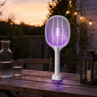 Une raquette anti-moustique électrique 2 en 1 avec lampe piège blanche, posée sur une table en bois dehors au coucher du soleil, avec une lumière violette qui attire les insectes.