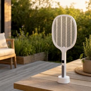 Une raquette anti-moustique électrique mode auto détachable portable blanche posée sur une table en bois dans un jardin ensoleillé.