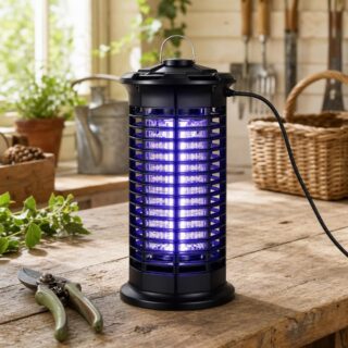 Une lampe anti moustique haute performance piège multifonction noire, allumée en bleu-violet, posée sur une table en bois dans un jardin, avec une poignée en haut et un câble branché.