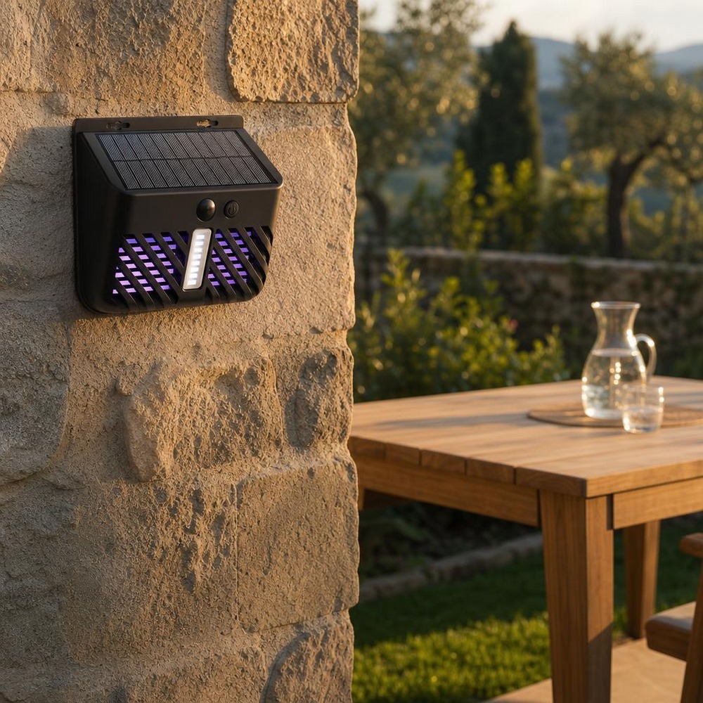 Un piège anti moustique pour extérieur avce capteur de mouvement sans fil fixé sur un mur en pierre, près d’une table en bois dans un jardin ensoleillé.